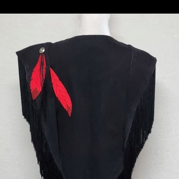 Rare Vintage Wanted Black Denim Red Feather Bold Fringe Western Boho Shawl - Picture 5 of 11